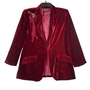 Anne‎ Klein Velvet Blazer Women's 12 Red Silk Flower Holiday Vintage Glamour